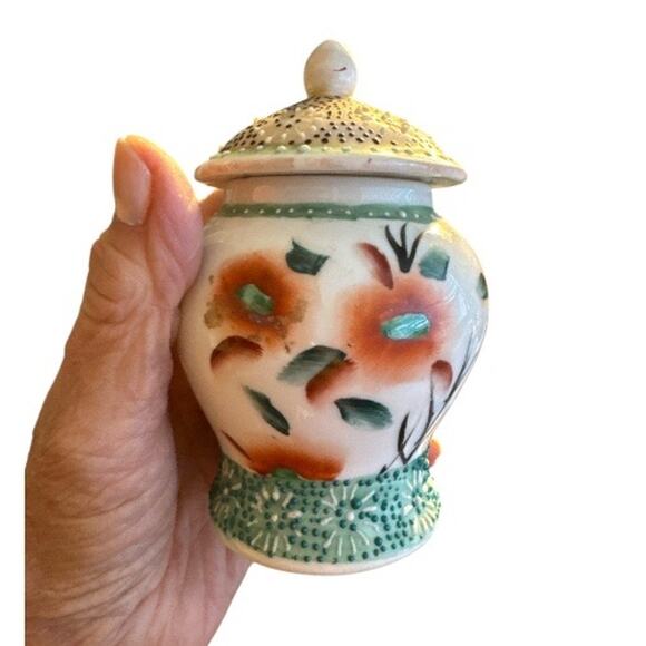 Small Vintage Orange Green Floral Raised Dots 5” Ginger Jar - Picture 9 of 10